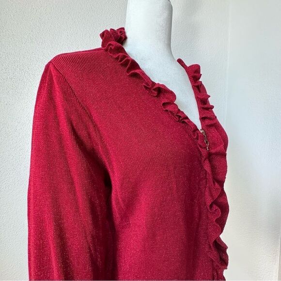 Belle by Kim Gravel Red Cardigan Metallic Thread Ruffle Zip Up SZ M NWT - Picture 6 of 16